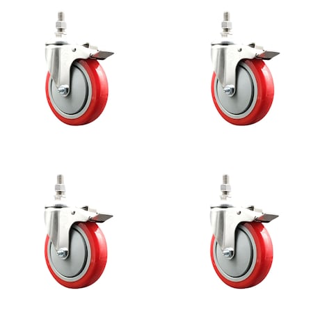 Service Caster 5 Inch 316SS Red Polyurethane Wheel Swivel 3/8 Inch Stem Caster Set Lock Brake SS316TSTTL20S514-PPUB-RED-381615-4
